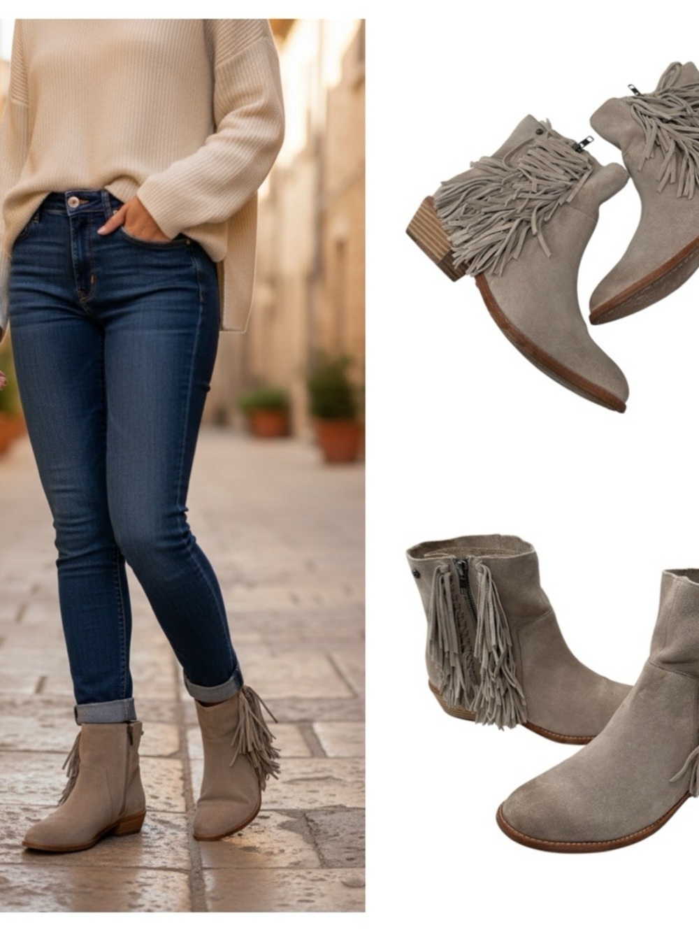 Zadig & Voltaire Pearce Fringe Ankle Booties Womens Size 8.5 Taupe Suede Leather